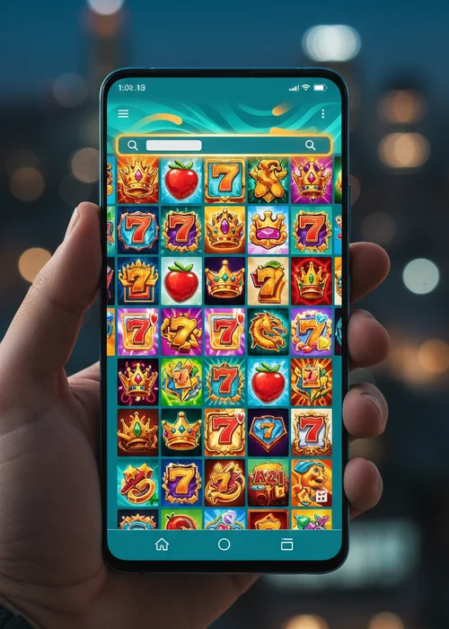 Sky Slots Casino vibrant homepage interface showing slot games, welcome bonus, and mobile compatibility on a smartphone.