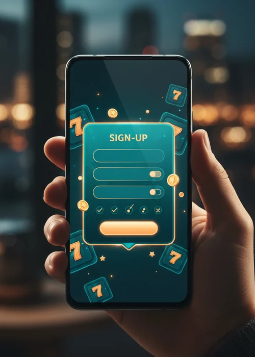Interface showing Sky Slots Casino registration form with email and password fields, ready for new players to sign up.